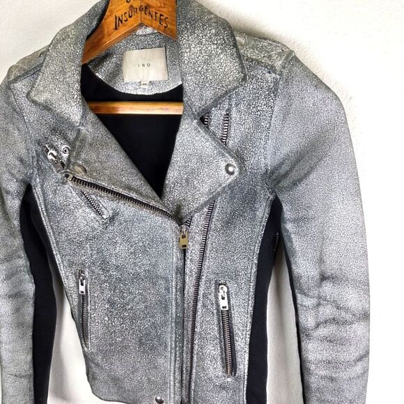 Women's IRO Ilaria Crack Leather Green White Lampskin Moto Zip Jacket Size 34 - Picture 9 of 12
